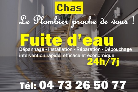 fuite Chas - fuite d'eau Chas - fuite wc Chas - recherche de fuite Chas - détection de fuite Chas - dépannage fuite Chas